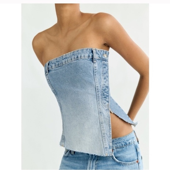 Women's Blue Denim Strapless Zara corset tub top NWT DENIM BOHO casual fall 90$